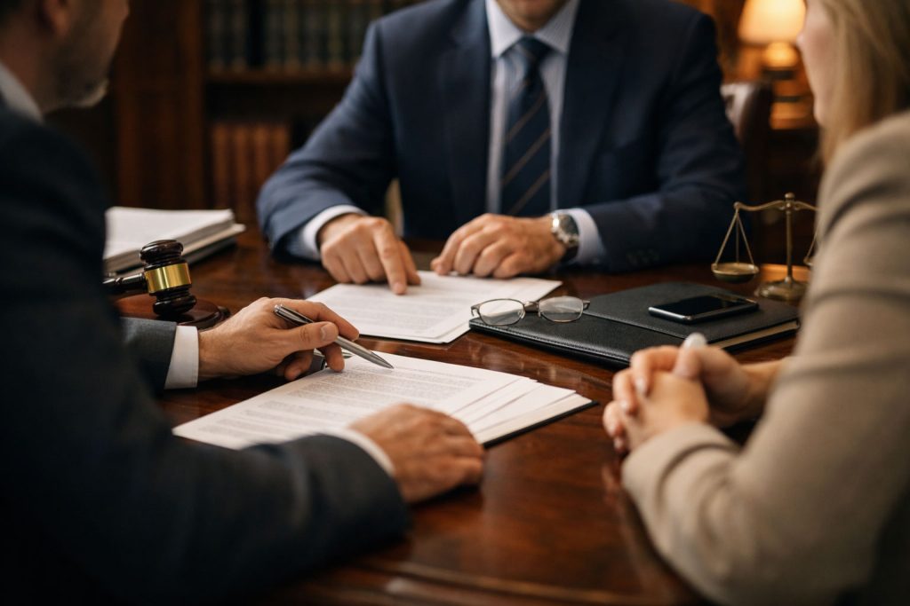 Reunión jurídica en despacho con abogados y clientes revisando documentos sobre una mesa