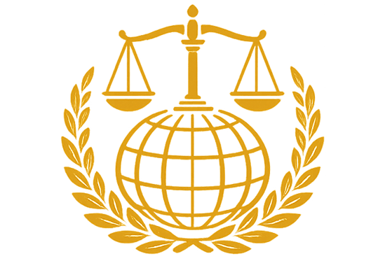Icono de balanza sobre globo terráqueo con corona de laurel representando Derecho Internacional