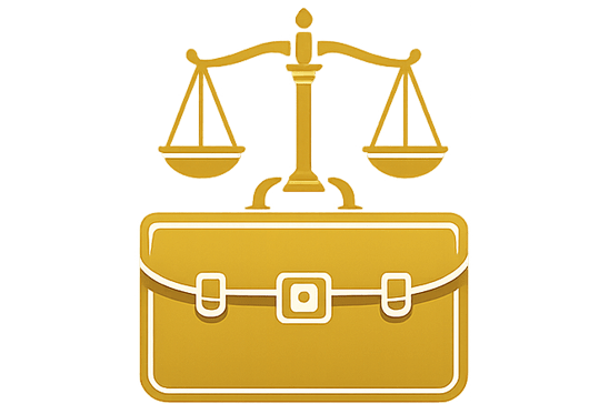 Icono de balanza de justicia sobre maletín representando el área de Derecho Mercantil