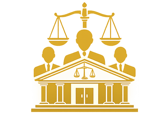 Icono de edificio corporativo con balanza de justicia y figuras empresariales representando Derecho de Sociedades