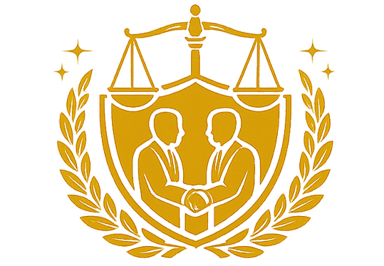 Icono de dos personas estrechando la mano dentro de un escudo con balanza de justicia representando Resolución de Conflictos